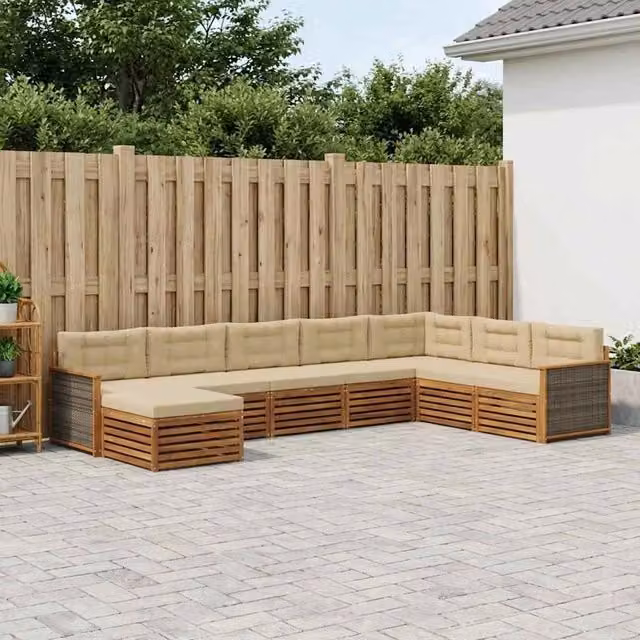 Set di divani da esterno a L vidaXL in legno di acacia con 8 pezzi, colore beige e sabbia – 1