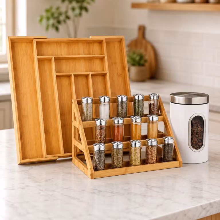 Set di accessori da cucina in bambù (3 pezzi) – Portaposate, portaspezie e barattolo porta-cibo