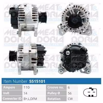MEAT & DORIA 5515101 Alternatore 110 A 14 V per VW GOLF VI (5K1), Golf V berlina (1K1), Polo berlina (6R1, 6C1), TOURAN (1T1, 1T2)