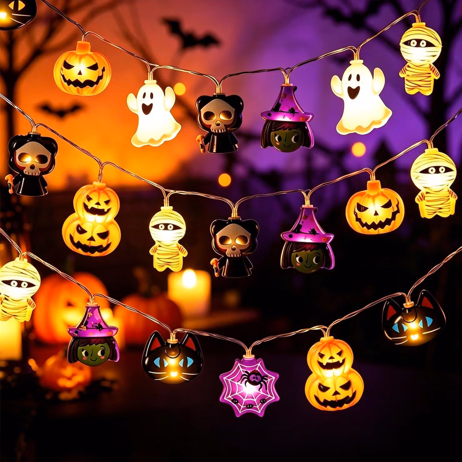 Catena luminosa a tema Halloween, 3 metri, 20 LED, con decorazioni a forma di zucca e fantasma, alimentata a batteria