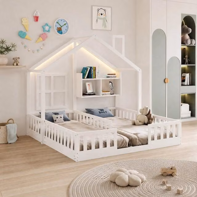 Letto doppio per bambini a forma di casa con LED; sponde e ripiani; 90 x 200 cm; bianco