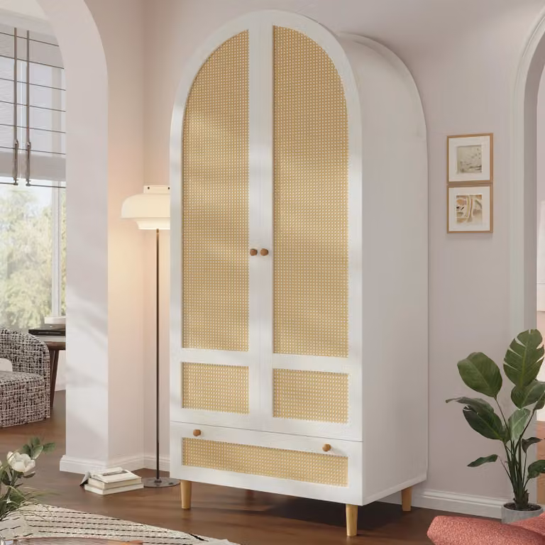 Armadio 80x50x180, aspetto rattan, design ad arco, con asta appendiabiti, cassetto, ripiani, versatile.