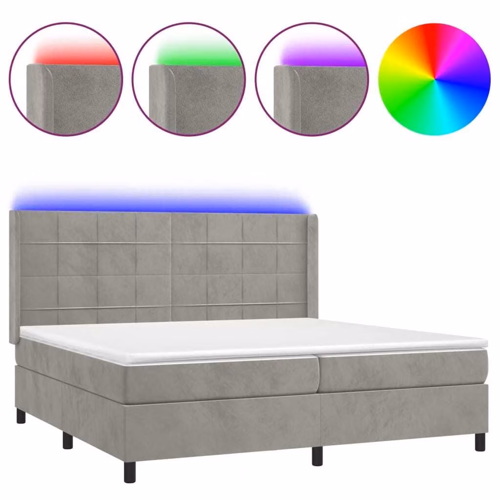 Letto a Molle Materasso e LED Grigio Chiaro 200x200 cm Velluto