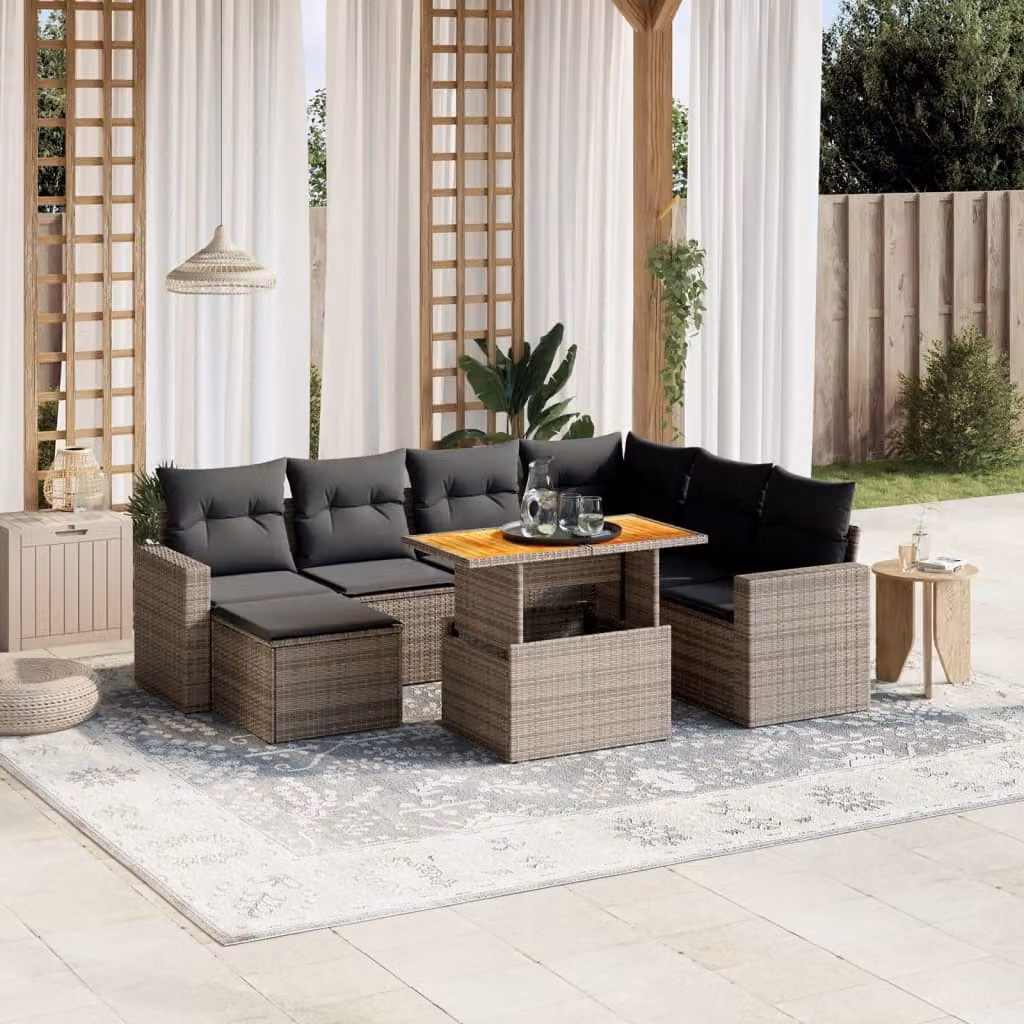 vidaXL Set Divano da Giardino 8 pz in Polyrattan Grigio con Cuscini e Tavolino da Esterno – 1