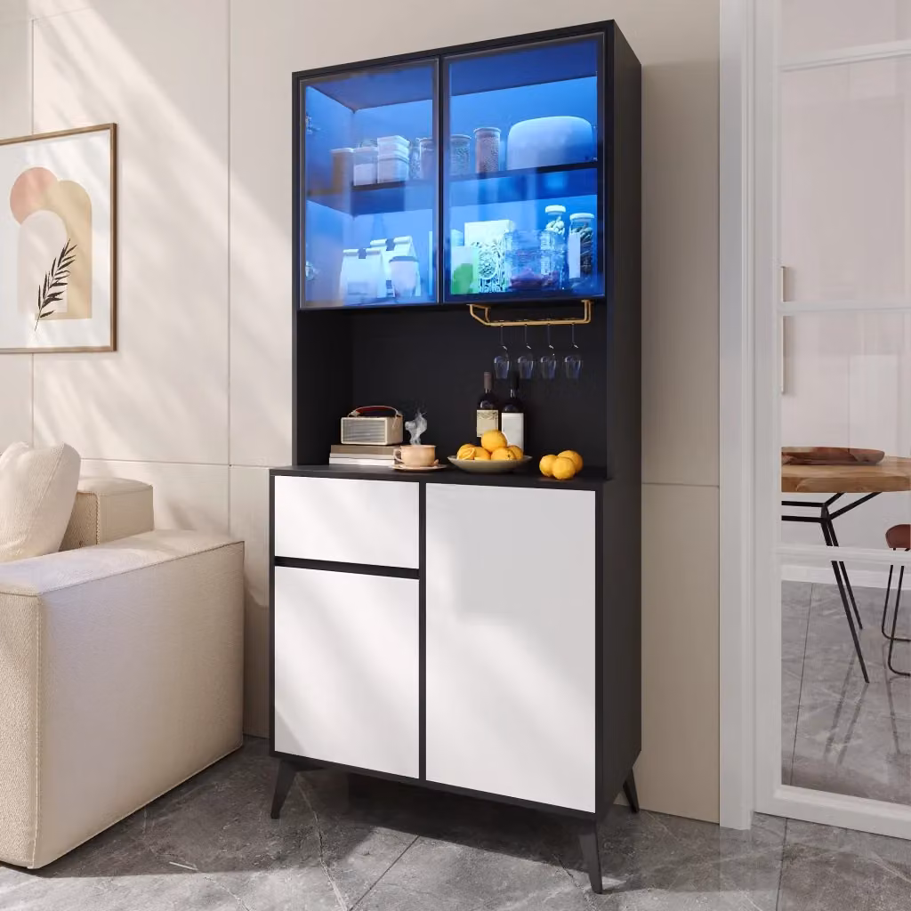 Colonna moderna WISHDOR con vetrina in MDF e vetro, illuminazione integrata, disponibile in bianco o nero, H: 180 cm, L: 40 cm, P: 38,75 cm – 2