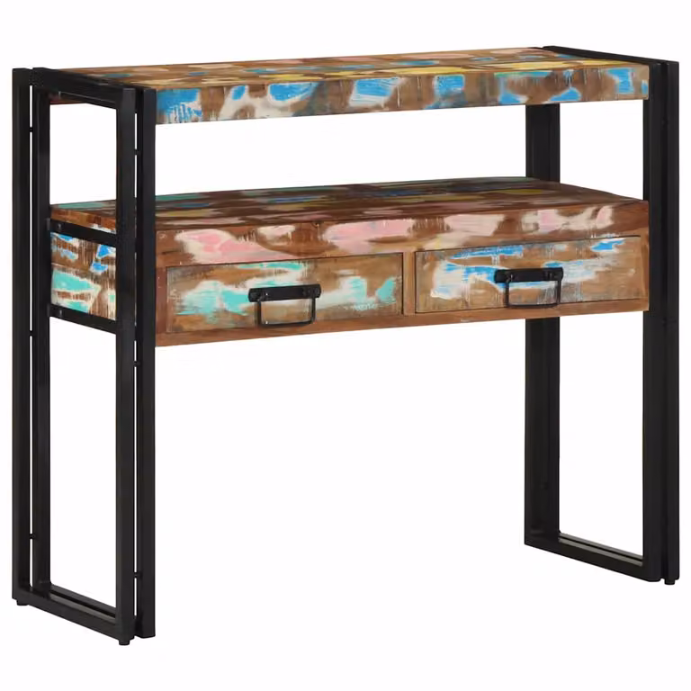 vidaXL Tavolo consolle in legno recuperato massello e metallo stile industrial, multicolore, L 90 x P 33 x H 75 cm