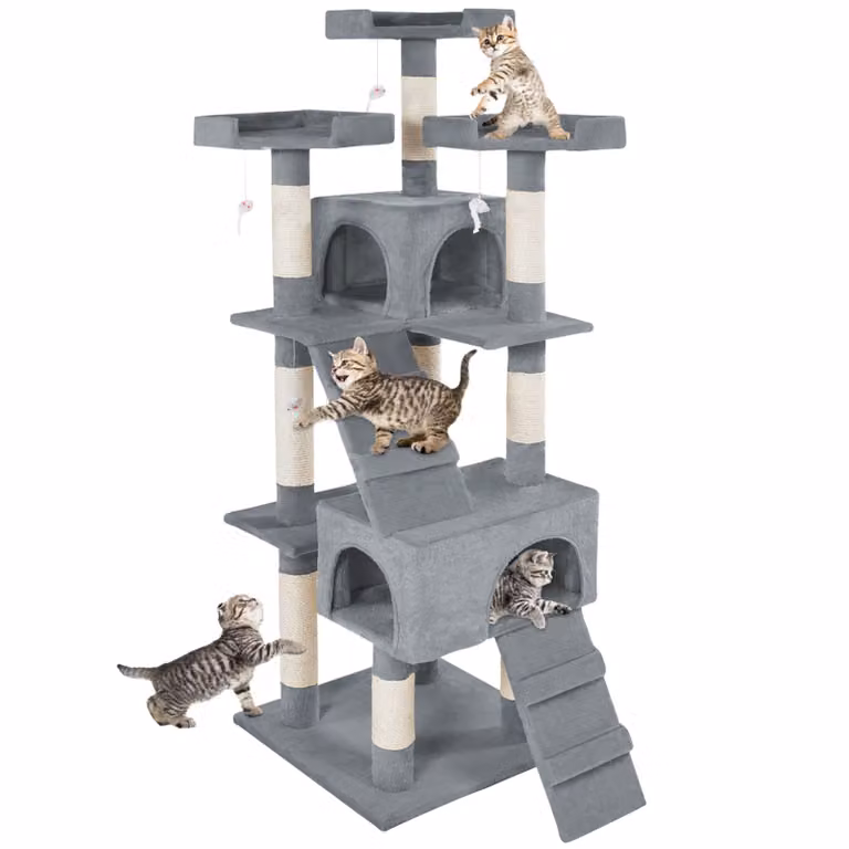 Albero tiragraffi per gatti Barney TecTake GmbH grigio con cave e giochi integrati in sisal
