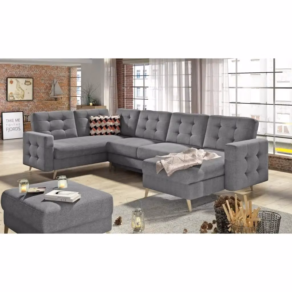 Divano panoramico convertibile a U HASGARD MEUBLORAMA grigio con contenitore e funzione letto L: 326 cm – 2