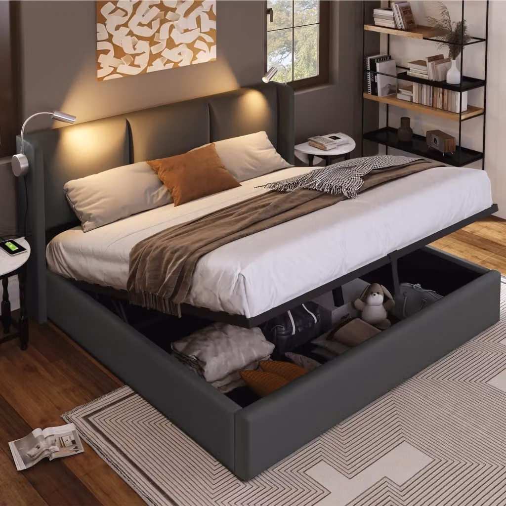Letto Contenitore REDOM Grigio in Finta Pelle con Luce da Lettura e Ricarica USB L/P: 140 x 200 cm, H: 145 cm – 2