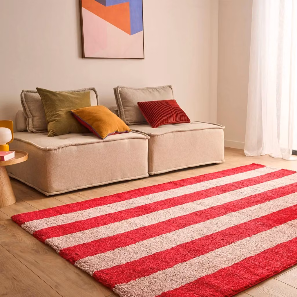 Tappeto moderno a righe Sweeek per soggiorno e camera da letto, rosso e rosa, in polipropilene – 2
