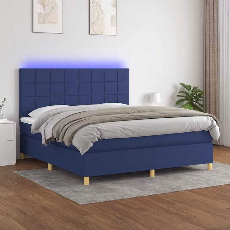 Letto Ibrido vidaXL con Materasso, Illuminazione LED Blu e Porte USB, Rivestimento in Tessuto Bianco e Blu, L/P/H: 160 x 200 x 128 cm