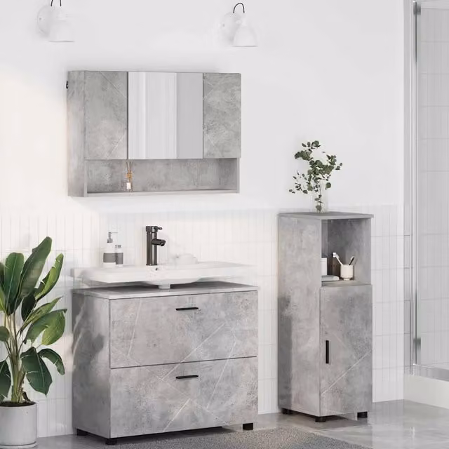 Set di mobili da bagno moderno vidaXL composto da mobile lavabo, armadietto con specchio e colonna alta in legno e metallo, colore grigio e nero, montaggio a parete