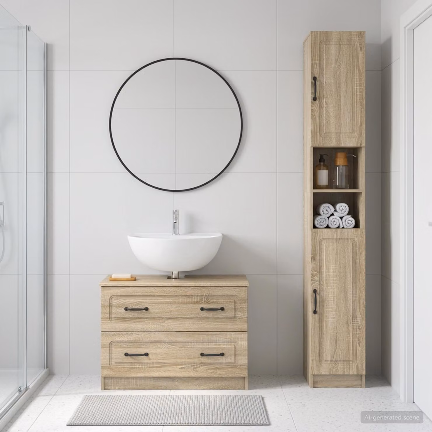 Set di mobili da bagno moderno vidaXL UTRECHT composto da base lavabo e colonna alta, colore Rovere Sonoma, finitura opaca