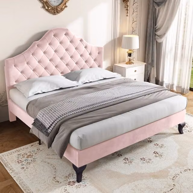 Letto matrimoniale 140 × 200 cm con testiera imbottita regolabile, senza materasso, in velluto rosa