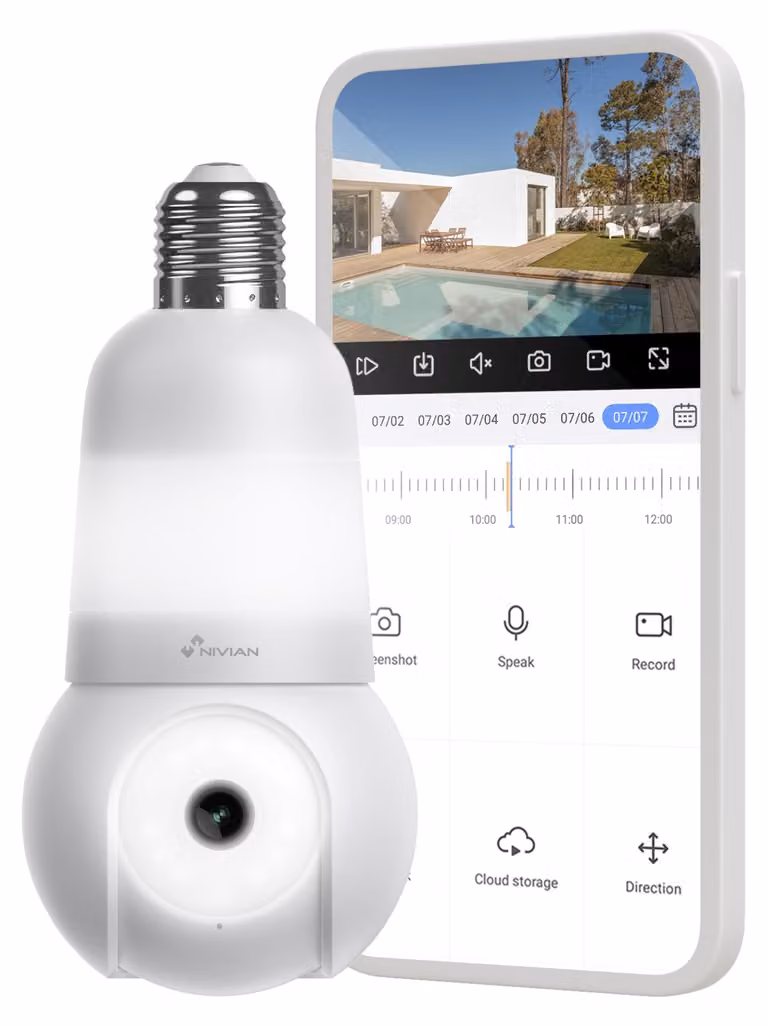 Telecamera di sicurezza wireless a forma di lampadina E27, risoluzione 2K, rotazione a 360 gradi, rilevamento del movimento, audio e visione notturna