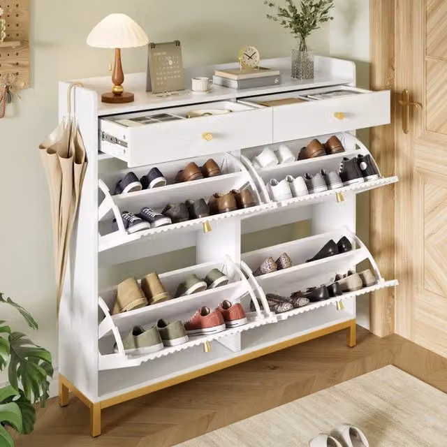 Scarpiera moderna REDOM bianca e oro con vani inclinabili L: 106,5 cm, P: 25 cm, H: 107 cm