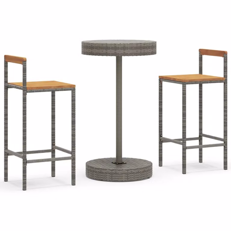 Set Bar Giardino 3pz Grigio Polyrattan e Legno Massello Acacia