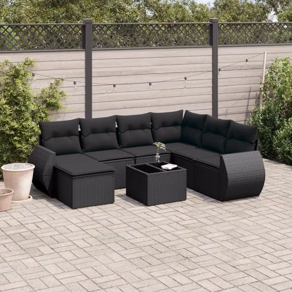 vidaXL Set Divani da Giardino in Polyrattan Nero con Cuscini e Tavolino da Esterno 8 pz – 1