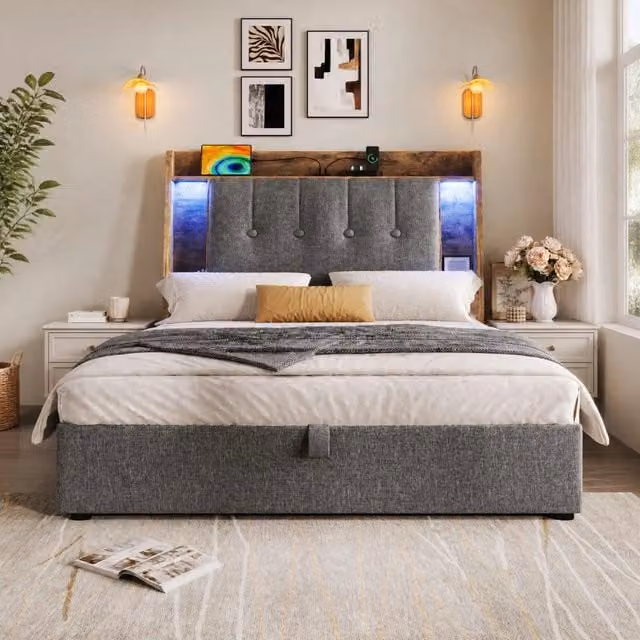 Letto imbottito MODFU con contenitore, illuminazione LED, porta di ricarica USB e mensola integrata, lino grigio, L/P: 90 x 200 cm