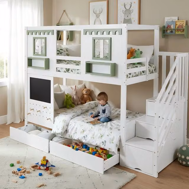 Letto a castello per bambini - Zephmum - 90x200 cm - Bianco+Verde - Con tavolo, ganci, cassetti e armadio