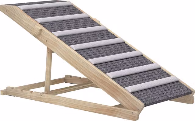 Rampa per cani PawHut in legno di pino con tappetino antiscivolo, pieghevole e con altezza regolabile da 35 a 50 cm, colore marrone e grigio – 1