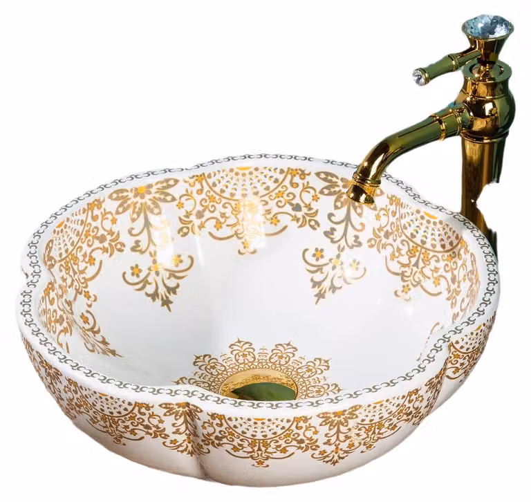 Lavabo da appoggio in Vetroceramica, bianco e oro, diametro 41 cm, dipinto a mano