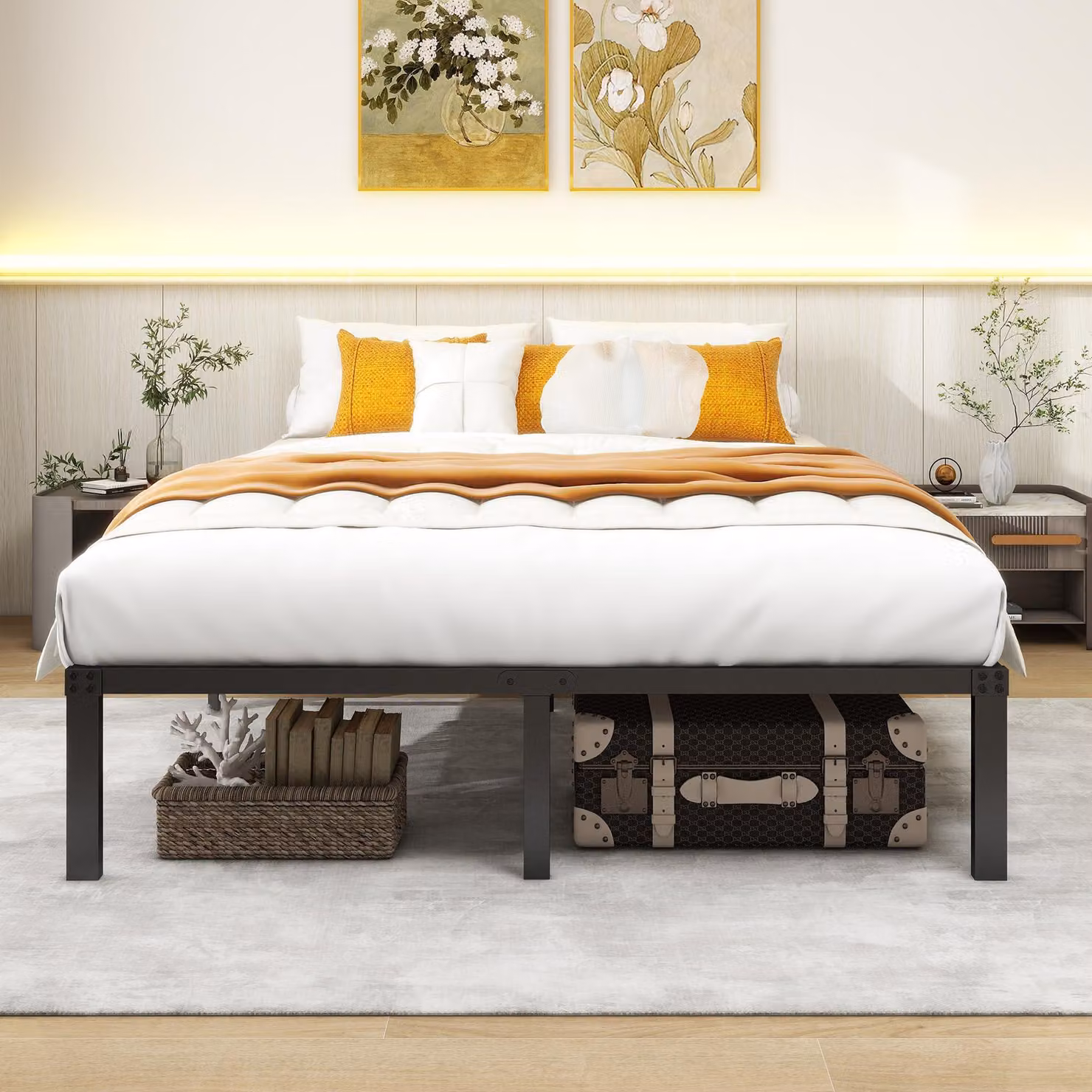 Struttura letto matrimoniale in metallo, dimensioni 200x150 cm, colore nero, altezza 36 cm, con spazio contenitivo