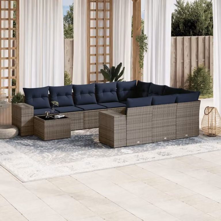 Set di divani da giardino vidaXL 11 pezzi con cuscini e tavolino da esterno in polyrattan e metallo, colore grigio e blu