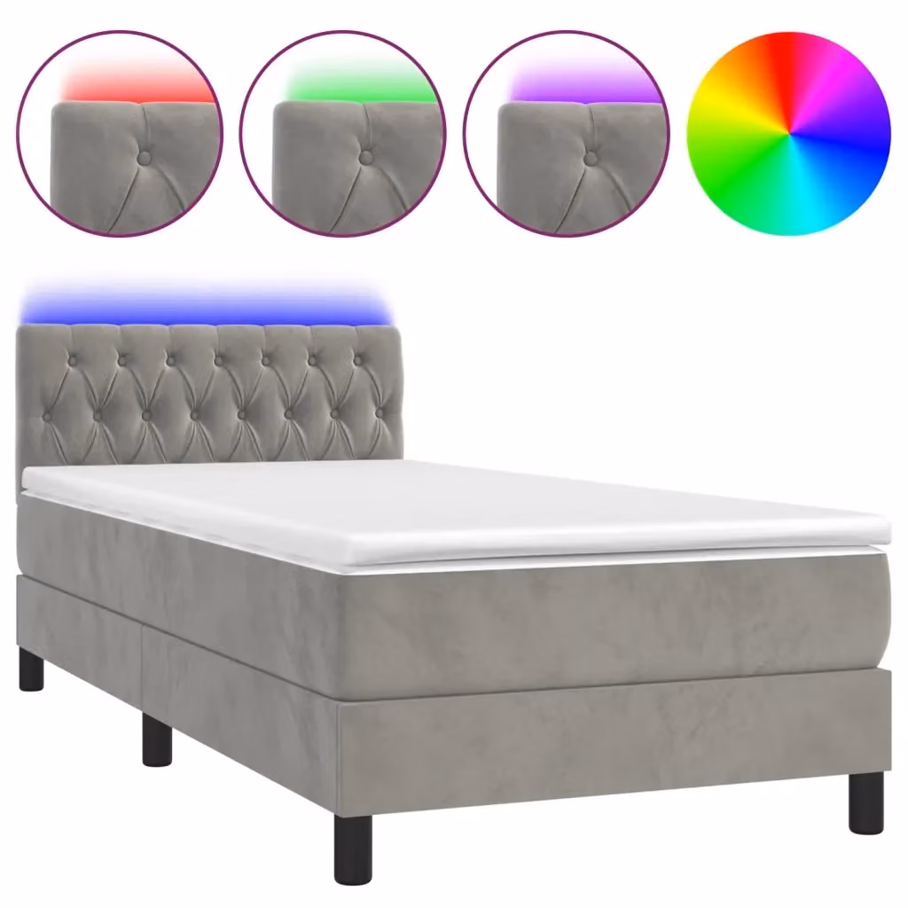 vidaXL Letto Ibrido con Materasso e Illuminazione LED in Velluto Grigio Chiaro, L 90 x P 190 cm – 2
