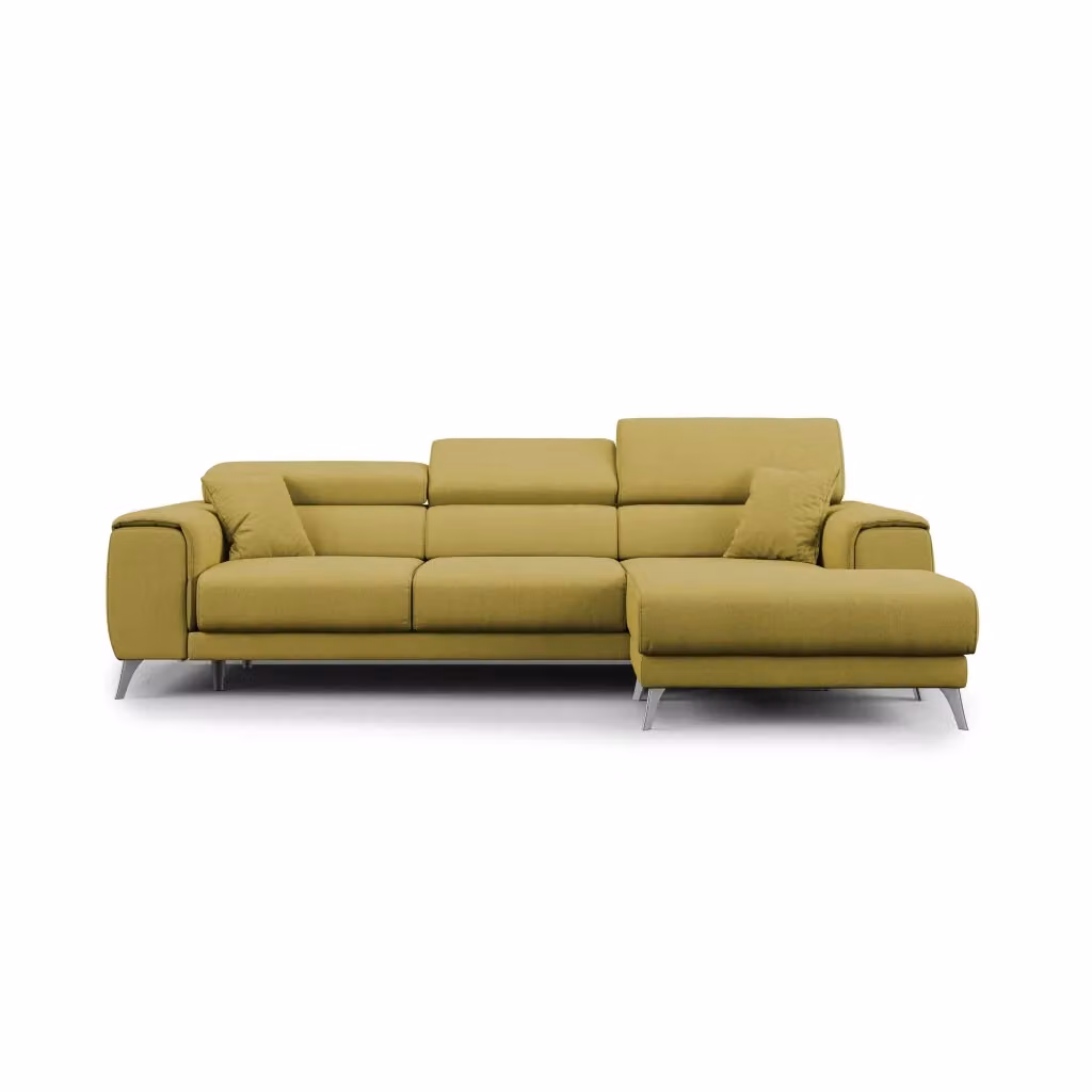 Divano angolare Fusion Divani.Store con sedute scorrevoli in tessuto smacchiabile giallo, configurazione sinistra, L: 260 cm – 2