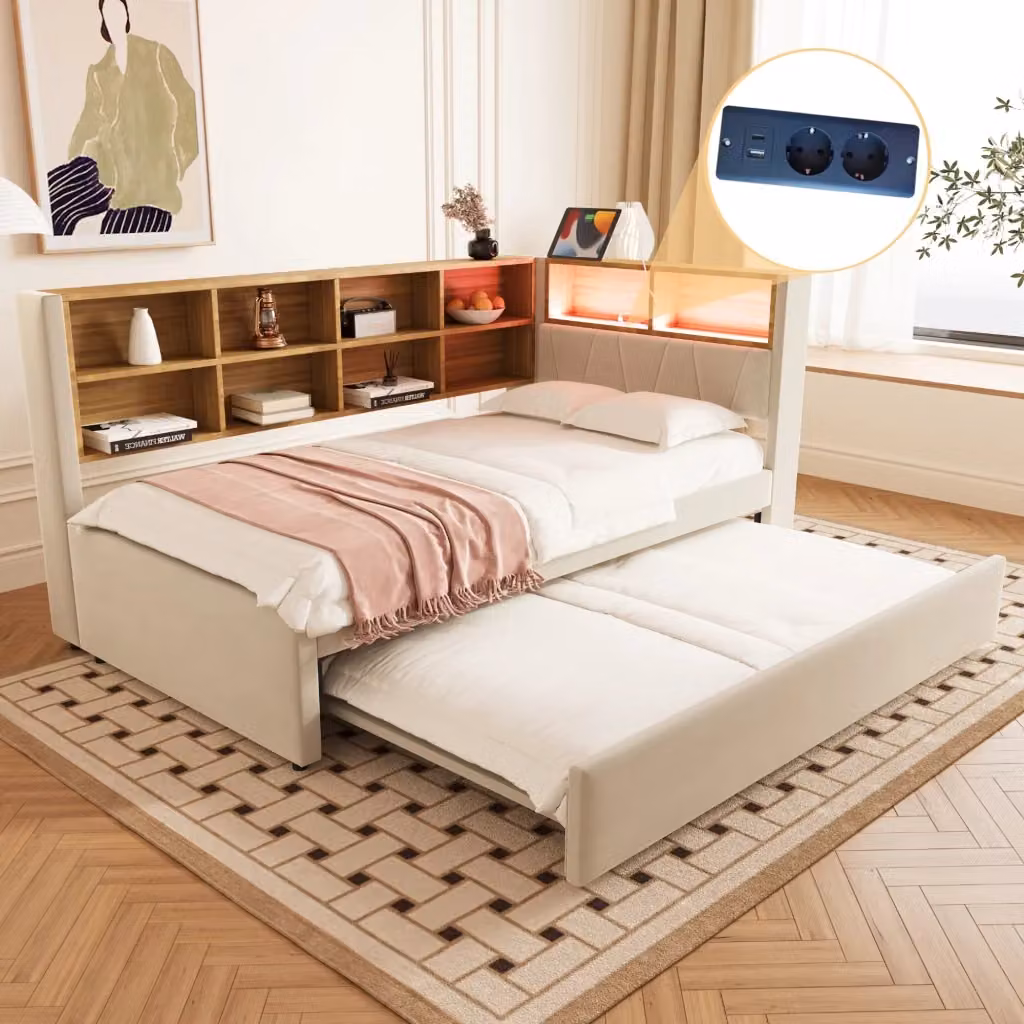 Letto a Divanetto Moderno Imbottito con Illuminazione LED e Porte USB/Tipo-C Beige L/P: 90 x 200 cm – 2