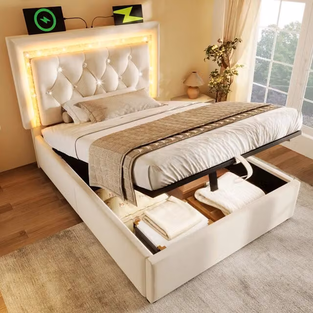 Letto imbottito idraulico con LED e USB 90x200 cm velluto beige