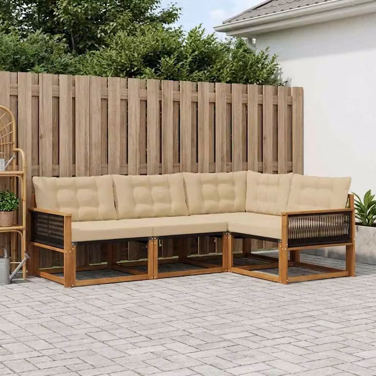 Set di divani da esterno vidaXL a forma di L composto da 4 pezzi in legno di acacia e tessuto textilene, colore beige e marrone con cuscini inclusi
