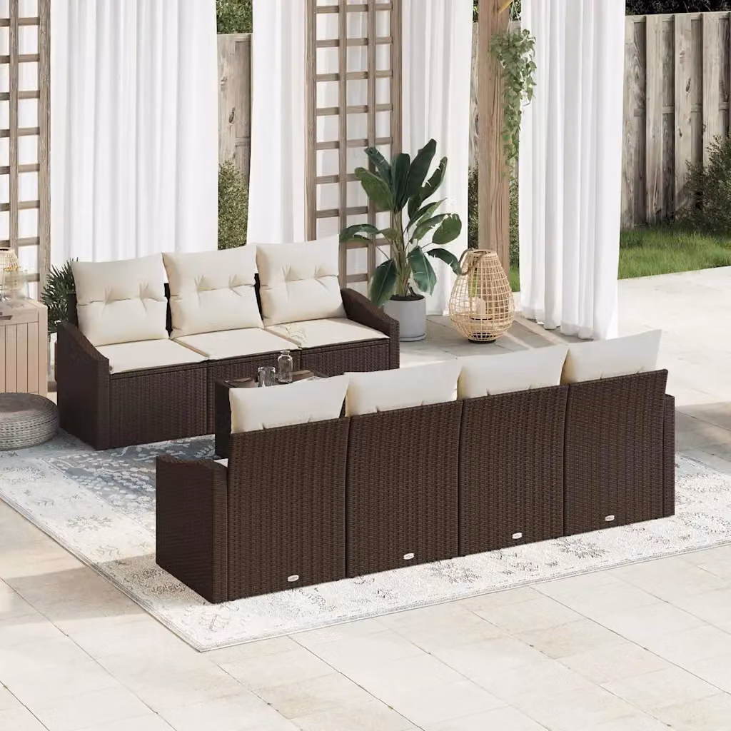 Set di divani da giardino vidaXL in polyrattan marrone e beige con cuscini inclusi, composto da 8 pezzi con tavolino e pouf – 1
