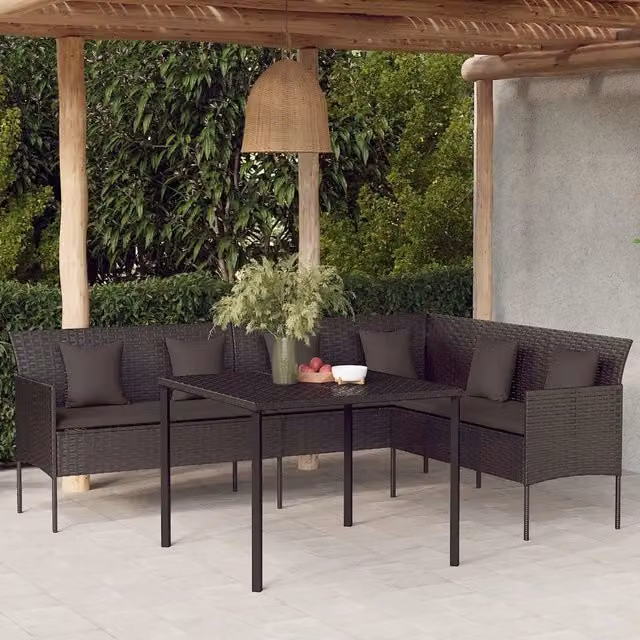 Divano da giardino a L vidaXL in polyrattan nero con cuscini inclusi