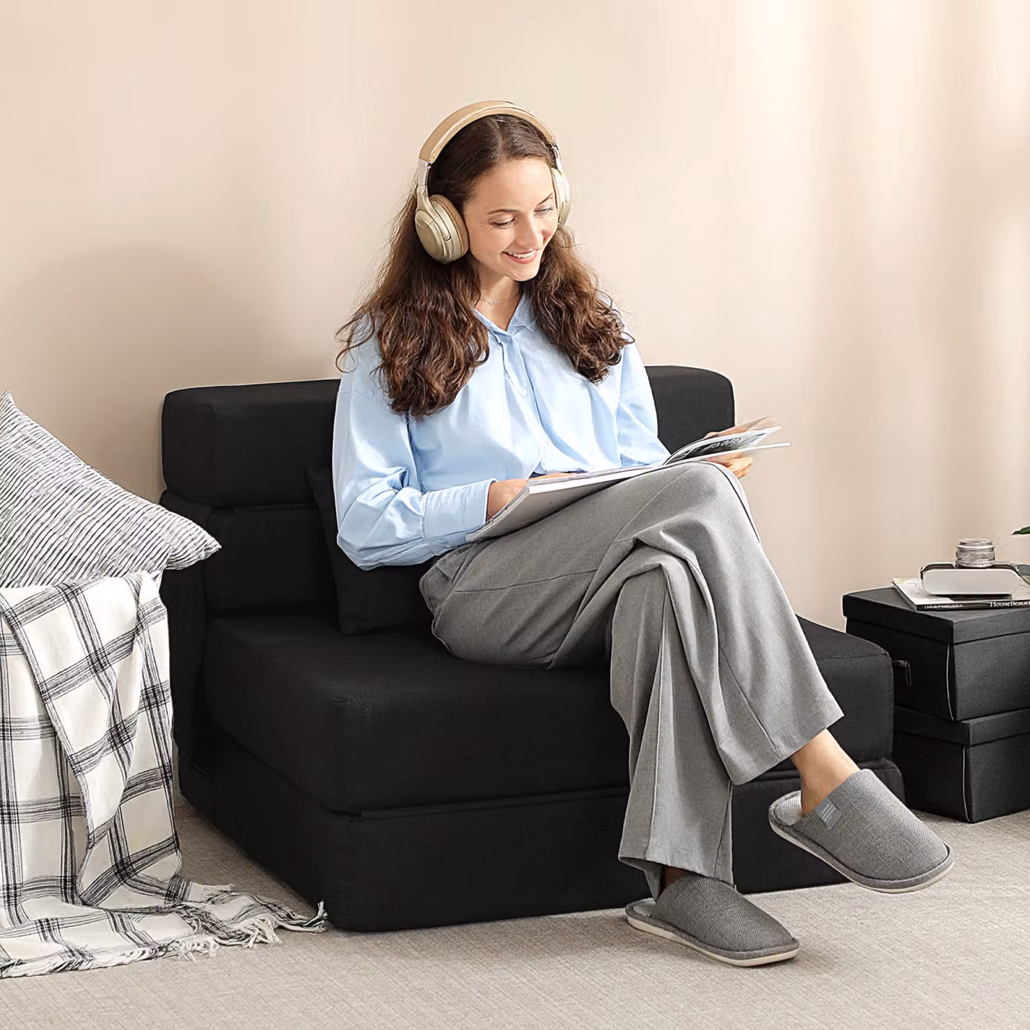 Poltrona letto convertibile HOMCOM a 1 posto, modello pieghevole con cuscino incluso, ideale per piccoli spazi e soggiorno, colore nero – 2