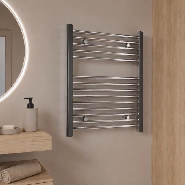 Scaldasalviette da muro OGOMONDO in acciaio cromato con 14 tubi, H 68 cm x L 50 cm x P 45 cm