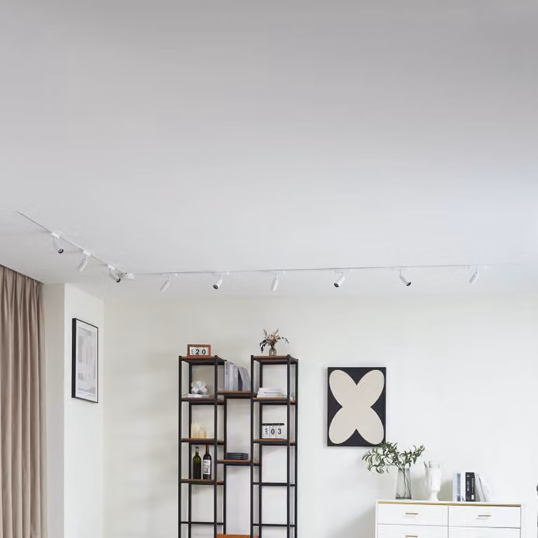 Sistema a binario 48V Lumaro, faretti, 9 luci, bianco, Ø4cm, 13 cm Lumaro Lindby, dimmerabile, Bianco / Opale, Soggiorno / Sala da pranzo, Alluminio, Moderno