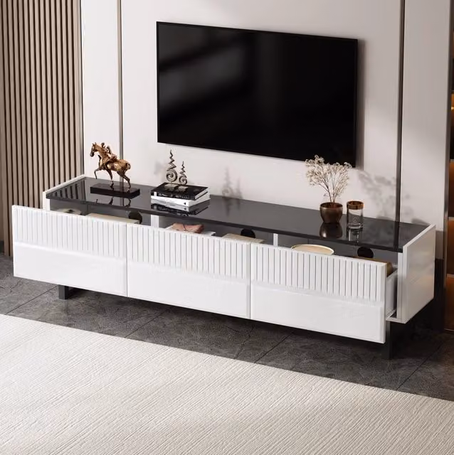 Mobile TV moderno MODFU per soggiorno in MDF e metallo, bianco e nero, L: 170 cm, P: 35 cm, H: 47 cm