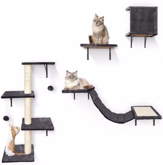 Ibenzoa® - Parete da arrampicata e set giochi per gatti - Montabile a parete, con casetta, ponte, albero da arrampicata e scala, realizzata in pannello di legno e tessuto resistente, con supporti in metallo, 2 giocattoli pensili e pannelli graffianti, per