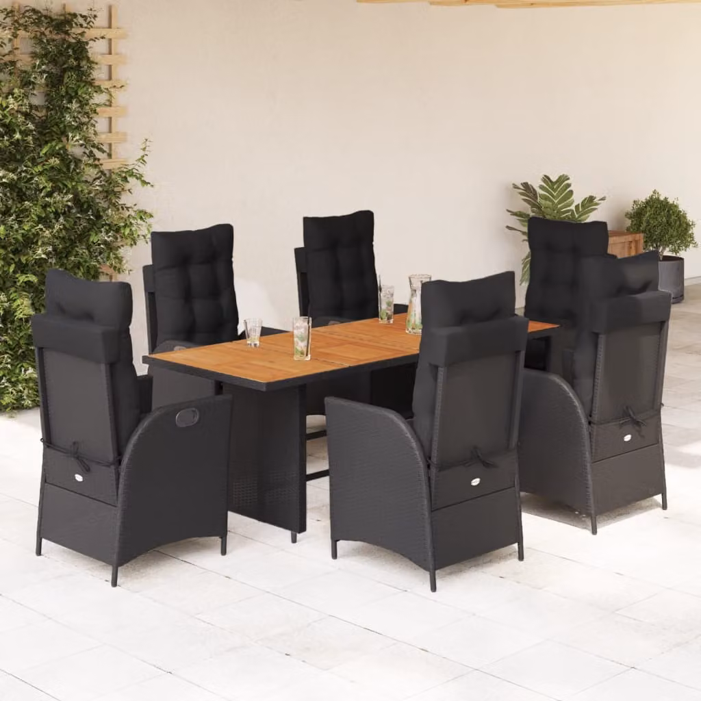 Set da Pranzo da Giardino vidaXL 7 pz in Polyrattan e Legno di Acacia Nero con Cuscini