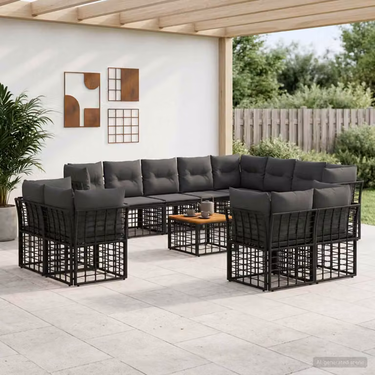 Set di divani da esterno vidaXL a forma di L con tavolo da caffè, 13 pezzi, Nero e Grigio