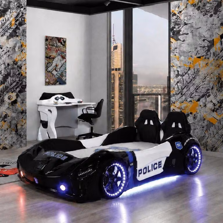 Letto a forma di auto da corsa, marca Autobett, per bambini, colore nero. Scrivania con illuminazione a LED