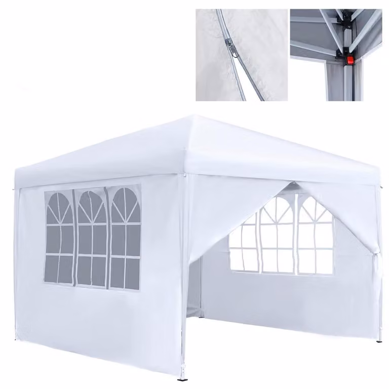 Padiglione impermeabile 3x3 metri, con 4 pannelli laterali e finestre, pieghevole, in tessuto Oxford, con protezione UV, colore bianco