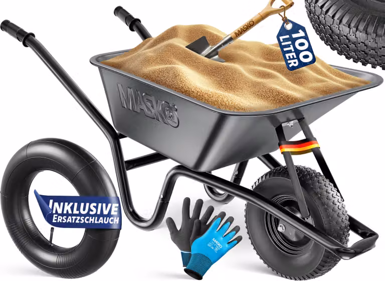 Carriola MASKO® da cantiere con ruote pneumatiche, capacità 100 L, portata fino a 250 kg