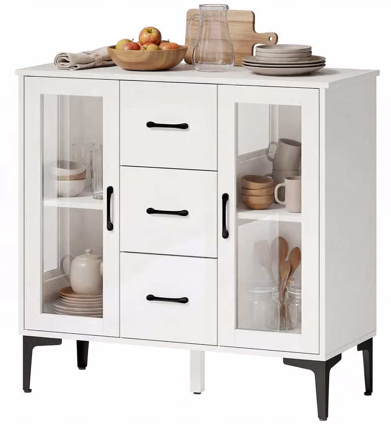 HOMCOM Credenza con 3 cassetti, 2 ante in vetro e ripiani regolabili, bianca