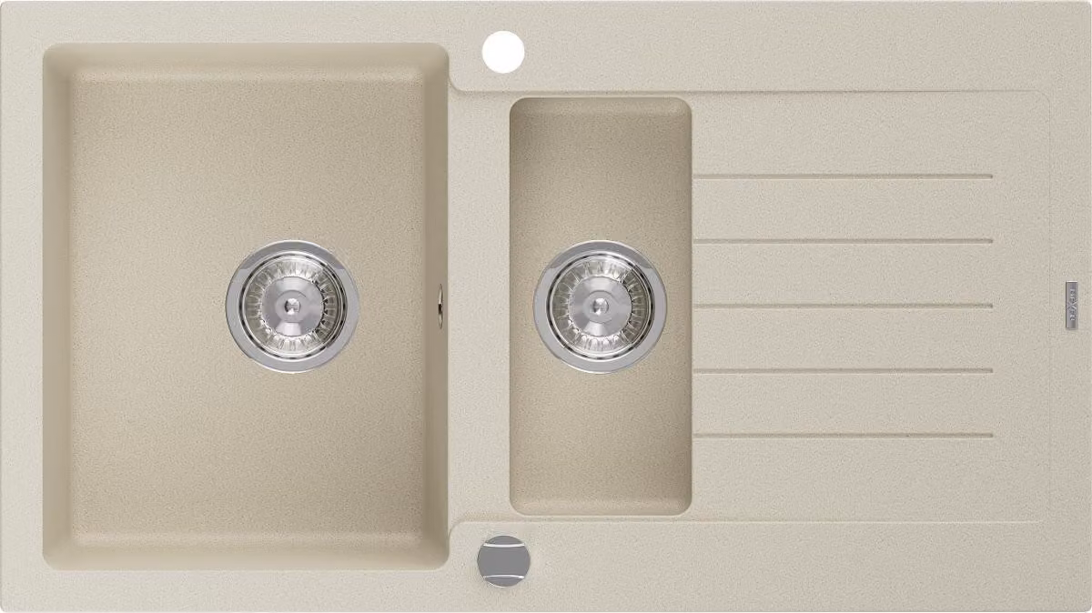 Mexen Matias lavello in granito 1,5 vasche con gocciolatoio 900 x 505 mm, beige, sifone cromato - 6502901505-69
