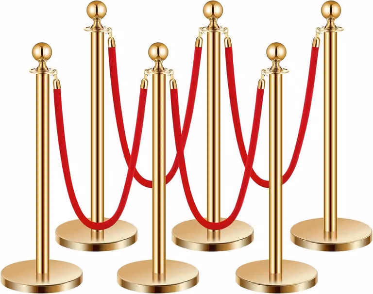 6 pali dorati con 4 corde di velluto rosso e base cava con iniezione di sabbia