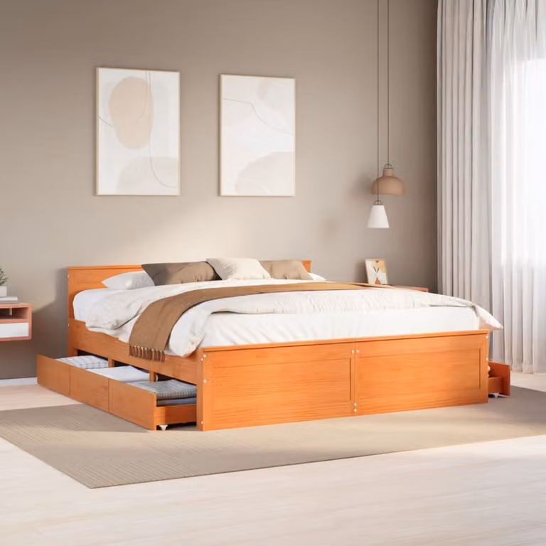 Giroletto vidaXL con testiera in legno di pino color marrone cera e cassetti L/P/H: 200 x 200 x 206 cm