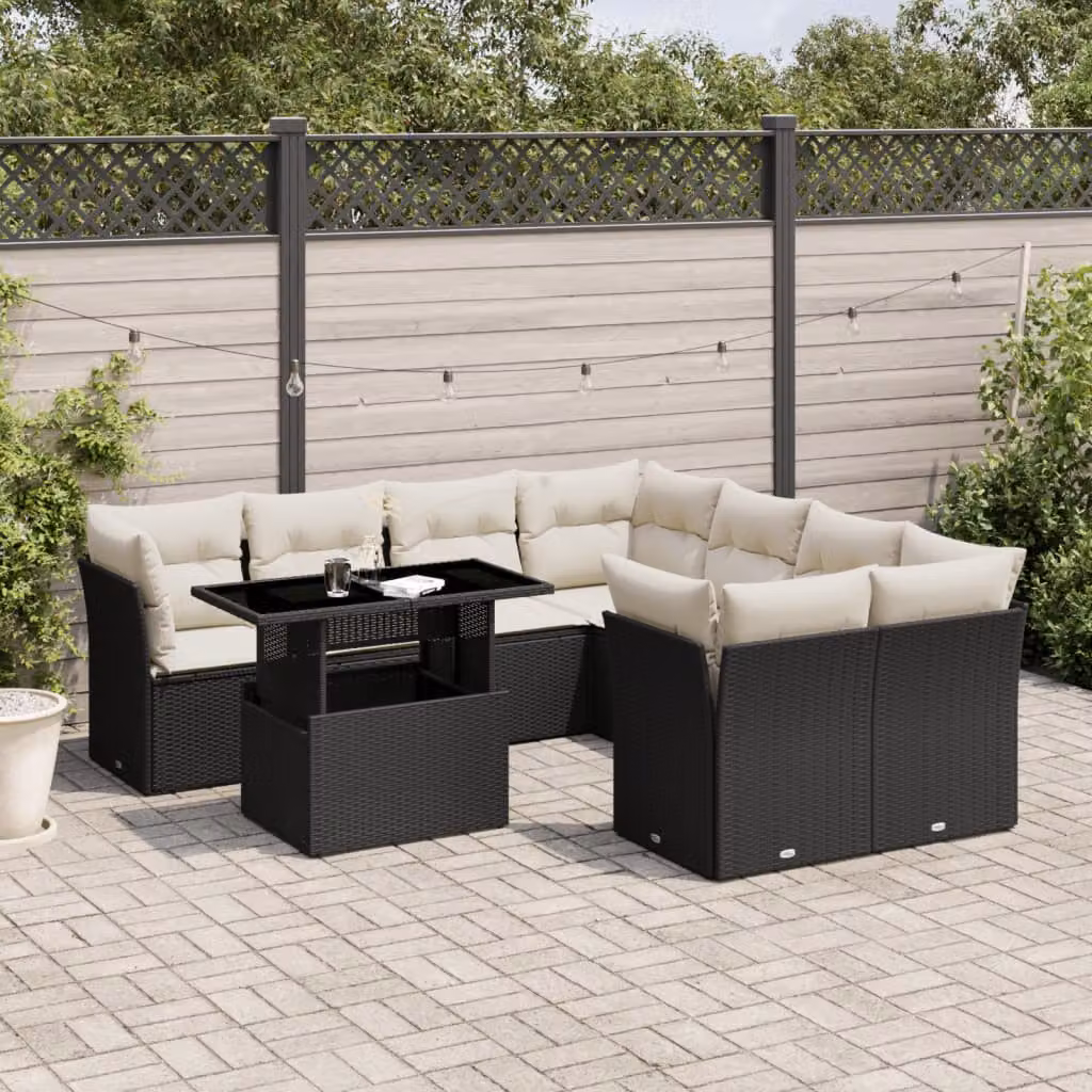 Set di divani da giardino vidaXL in polyrattan nero con cuscini e tavolino da esterno a forma di L – 1